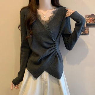 Lu rang song lace splicing bottoming shirt women's autumn and winter undershirt small waist irregular cross v-neck knitted long-sleeved top women gray l (recommended 100-115 jin jin equals 0.5 kg)