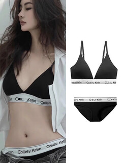 Ck women's underwear set small breast push up triangular cup letter beautiful back thin bra vest 001 space black suit m 75c-80ab