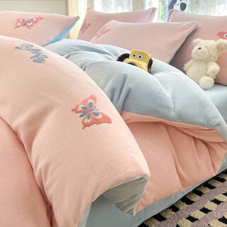 Fantasy winter baby milk velvet bed four-piece set thickened velvet bedding cover sheets coral flannel three sleeping butterfly dream evian class a high weight milk velvet is softer and warmer sheet model 0.9m bed sheet model three-piece set suitable for 150x20