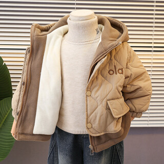 小红书爆款男童加绒夹棉外套秋冬季2025新款加厚儿童假两件棉衣宝 卡其色 cm 90