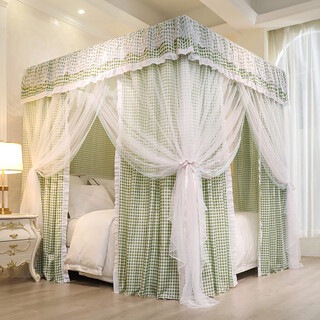 Fantasy palace mosquito net blackout bed curtain integrated home double bedroom simple princess warmth fully enclosed bed curtain plaid green mosquito net + curtain + bracket comes with lamp 1.2 bed x 2m long thickened paint bracket