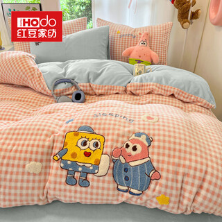 Hongdou home textiles class a skin-friendly milk velvet bed four-piece set with patch embroidery cartoon thickened warm bed sheet and quilt cover three-piece set ins style spongebob squarepants 1.8m bed sheet style (quilt cover 200*230cm) four-piece set