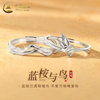 China gold (china gold) silver ring eucalyptus and bird couple ring niche anniversary valentine's day birthday gift for girlfriend and wife eucalyptus and bird couple ring embossed engraving