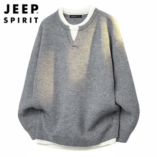 Jeep spirit jeep fake two-piece sweater men's autumn and winter trendy versatile henley collar sweater men's worsted gray xl