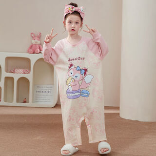 Spring and autumn girls' pajamas pure cotton long-sleeved one-piece sweet style cartoon big children's home clothes snap sleeping bag mx#m74 pure cotton 105 size 8 recommended height 95-105cm