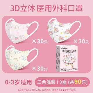 Doctor chu (dr.chu) medical surgical mask for children 3 to 6 years old, baby 0 to 3, 5 to 12 years old, 8 individually packaged, autumn and winter protection, 0-3 years old, three-color baby girl, medical surgery-3d, 90 pieces