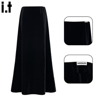 :CHOCOOLATE  it女装裙子秋冬新款金丝绒加绒半身裙女装大摆伞裙包臀a字长裙 黑色常规 S