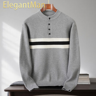 Elegantman half turtleneck sweater men's bottoming sweater autumn and winter casual contrast color striped henley collar trendy sweater light gray s 165__ suitable for 105-120jin jin equals 0.5 kg