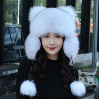 Princess mink real fox fur little raccoon hat overlord lei feng hat winter warmth fur hat for boys and girls adults ear protection blue fox true color s(54-56cm)