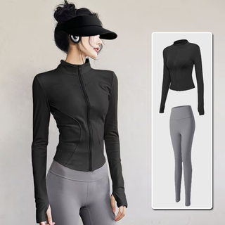 Bai qixin yoga wear women's suit fitness wear running sports suit women's pilates training jacket waist-shrinking butt-lifting yoga pants yoga wear suit l black jacket + gray pants l