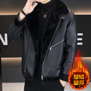 Nasalike2025 winter velvet thickened leather jacket men's new jacket fur integrated lapel warm motorcycle leather jacket 5999 black velvet l 90-110jin jin is equal to about 0.5 kg