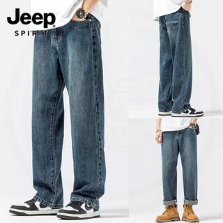 JEEP SPIRIT2025年男士牛仔裤秋冬高街直筒裤阔腿青年休闲垂感加绒裤子男士 牛仔蓝 32