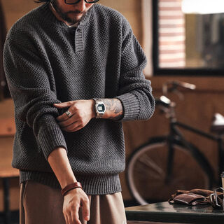 Houchen american retro tough guy henry collar sweater men's autumn and winter new loose old money style casual sweater sweater huahui 2xl (170-190jin jin equals 0.5 kg)