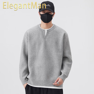 Elegantman men's fake two-piece henry collar sweater 2025 autumn and winter new loose and versatile thickened sweater for men light gray m_-130jin jin is equal to 0.5 kg