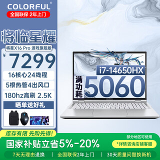 七彩虹（Colorful）将星X16pro 16英寸大屏游戏本14代HX标压处理器搭载RTX5060/5070满血独显高性能笔记本电脑【SR7】 i7-14650HX/RTX5060-8G 16G内存
