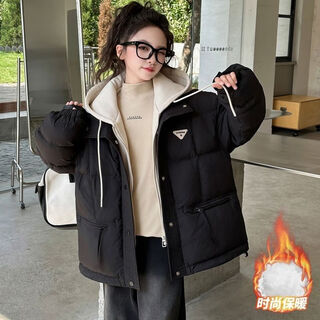 G.duck little yellow duck girls' cotton clothes 2024 new winter clothes korean style middle and large children's fake two-piece cotton jacket western style thickened hooded cotton black_(fake two-piece cotton clothes) 120 (recommended height 113-123cm)