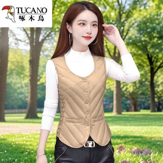 Woodpecker down vest women's inner wear 2025 new slim lightweight warm short vest vest liner waistcoat autumn and winter khaki color (quality assurance) 3xl recommendation 125-145jin jin is equal to 0.5 kg