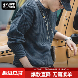 Madden workwear american retro heavyweight pineapple pattern thick sweater thickened round neck off-shoulder casual sweater for men art blue l