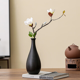 Jingdong flowers middle ages black ceramic small vase living room coffee table desktop white magnolia simulation flower zen decoration ornament