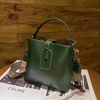 Goldlion g+ goldlion genuine leather bucket bag first layer cowhide crossbody bag vegetable tanned leather women's bag wideband retro casual trendy new style dark green