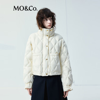 Mo&co. puff down jacket, gold buckle drawstring, bud sleeves, short high collar, light and warm design, black white, off-white. it is recommended to confirm the size with customer service. s/160 it is recommended to confirm the size with customer service.