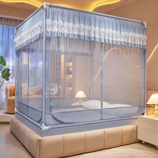 2025 new anti-fall mosquito nets for home bedrooms, free of installation for infants and children to prevent falling out of beds, mongolian mongolian mongolian covered pattern nets, summer love - fashion gray, back bottom fitted sheets - t-shaped door, 1.5 single tent yarn does not include brackets