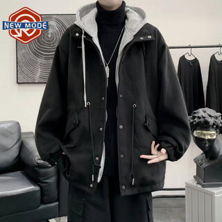 New or mode fake two-piece woolen coat men's american fashion brand thickened coat men's autumn and winter korean style loose hooded top black xl