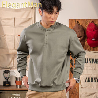 Elegantman winter and autumn henley collar sweatshirt men's pullover 320g heavy new henley shirt jacket top long sleeve casual men green khaki m