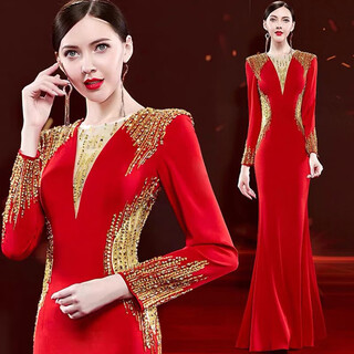 Mishid annual meeting host dress skirt women's banquet evening dress skirt 2025 new fishtail niche feel host performance costume red xs one size
