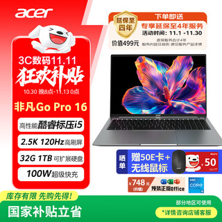 宏碁（acer）非凡Go Pro 国家补贴 16英寸轻薄本2.5K屏120Hz 学生办公笔记本电脑 (13代i5-13500H 32G 1T)灰