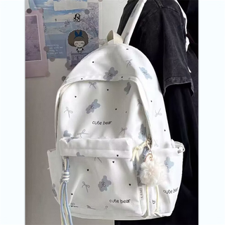 Ruian (ruiang) 2025 new japanese school bag for junior and senior high school students, large-capacity printed bear backpack, college student computer bag, blue with fur ball pendant