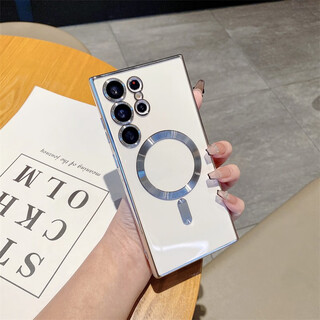 Yuning comes with lens film for samsung s25ultra mobile phone case s24+ anti-fall electroplating s23 silicone soft shell transparent cd pattern magnetic wireless charging protective cover light luxury magnetic comes with lens film silver white samsung galaxy s24 ultra