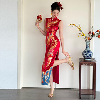 Vimadtly cheongsam new chinese style bridal retro toasting dress burgundy wedding engagement small fishtail evening dress burgundy l