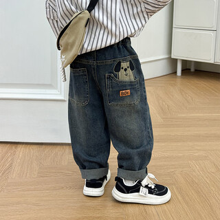 男童牛仔裤春秋2025新款儿童超软加绒休闲长裤宝宝秋季百搭裤子潮 小狗怀旧色春秋款 cm 90