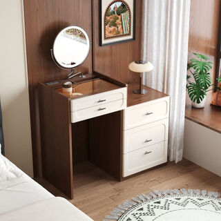 Solid wood dressing table and bedside table integrated mini small apartment simple retractable dressing table home bedside storage cabinet warm white + walnut color shipped as a whole 50cm dressing table stool integrated retractable dressing table on the left