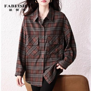 Fabersa brand retro loose plaid brushed plaid shirt for women 2025 autumn and winter new fashion simple casual shirt for women plaid m recommended 90-112jin jin equals 0.5 kg