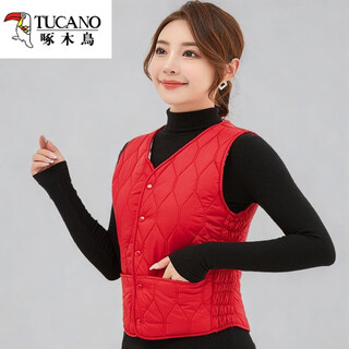 Woodpecker down cotton vest women's plus velvet thickened 2025 new slim short warm liner v neck versatile vest elegant red xl