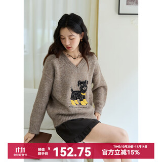 Mystery show oatmeal camel sweater women's 2025 autumn and winter new women's puppy embroidered alpaca wool loose casual sweater oatmeal camel one size