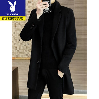 Playboy thickened woolen coat men's korean version slim-fitting mid-length winter windbreaker middle-aged casual 2025 woolen coat trend black l 110-125jin jin equals 0.5 kg