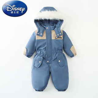 Disney (disney) children's velvet thickened jumpsuit winter new double zipper ski suit jumpsuit baby crawling suit harem fashion color matching fog blue 110cm 110