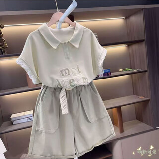 女童短袖牛仔中裤套装夏季2025新款蕾丝拼接T恤休闲五分裤学生潮 绿色短袖+绿色短袖+腰带【套装】 140 cm