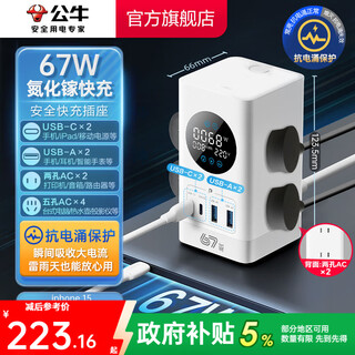公牛（BULL）智能数显屏幕立式插座/电竞氮化镓快充插座/多功能USB桌面立式笔记本插线板插排 立式数显插座 【67W十口合一】立式数显1.5米糯米白