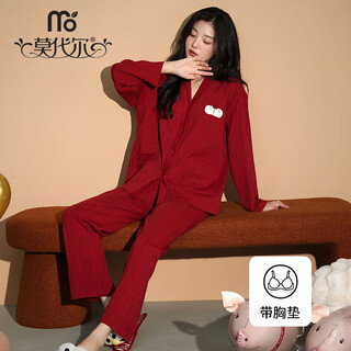 Modal couple pajamas women's spring and autumn pure cotton big red wedding suits with breast pads new year's eve home clothes 8048 women with breast pads l