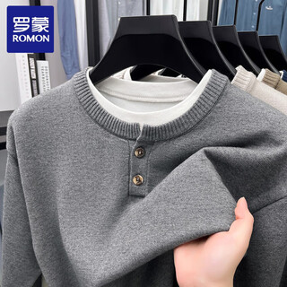 Romon casual henley collar long-sleeved fake two-piece sweater for men 2025 autumn new fashion versatile crew neck sweater gray one size 48