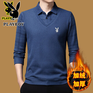 Playboy (playboy) high-end fake two-piece sweater men's velvet thickened bottoming shirt 2025 winter new casual loose warm wool sweater shangqing 6658 style velvet thickened 2xl 180