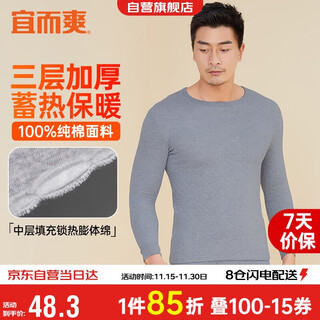 Easy and cool, three-layer thickened 100% cotton, men's warm tops, cotton autumn clothes, men's round neck bottoming cotton sweaters, autumn and winter