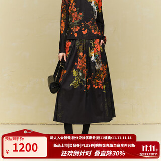 茶·愫（PURE TEA）【梦鹿笙花】puretea茶愫东方敦煌印花a字大摆量半身裙女2025冬新 石墨黑 S