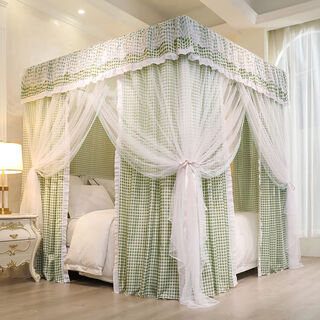 Fantasy palace mosquito net blackout bed curtain integrated home double bedroom simple princess warmth fully enclosed bed curtain plaid green mosquito net + curtain + bracket comes with lamp 1.8 bed