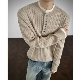Jingyan selects fake two-piece henry collar sweaters for men in autumn trendy brand handsome hemp pattern cleanfit loose fit khaki m m