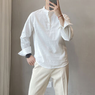 Wujiang miaopin men's henry collar cotton long-sleeved shirt spring and autumn light mature style half-button round neck loose pullover with white shirt white m m105-120jin jin is equal to about 0.5 kg